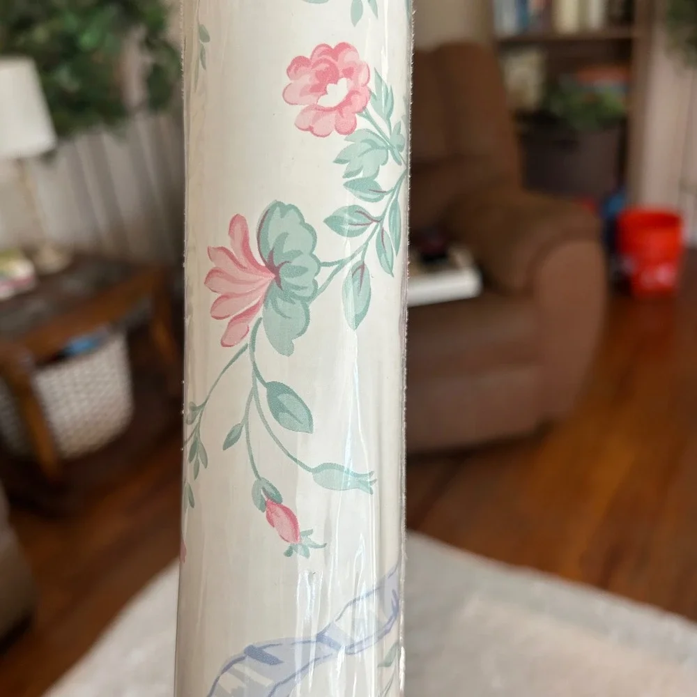 Waverly Wallpaper Roll 27in x 9yd Floral Blue Pink Ribbon 555961 New Vintage 90s